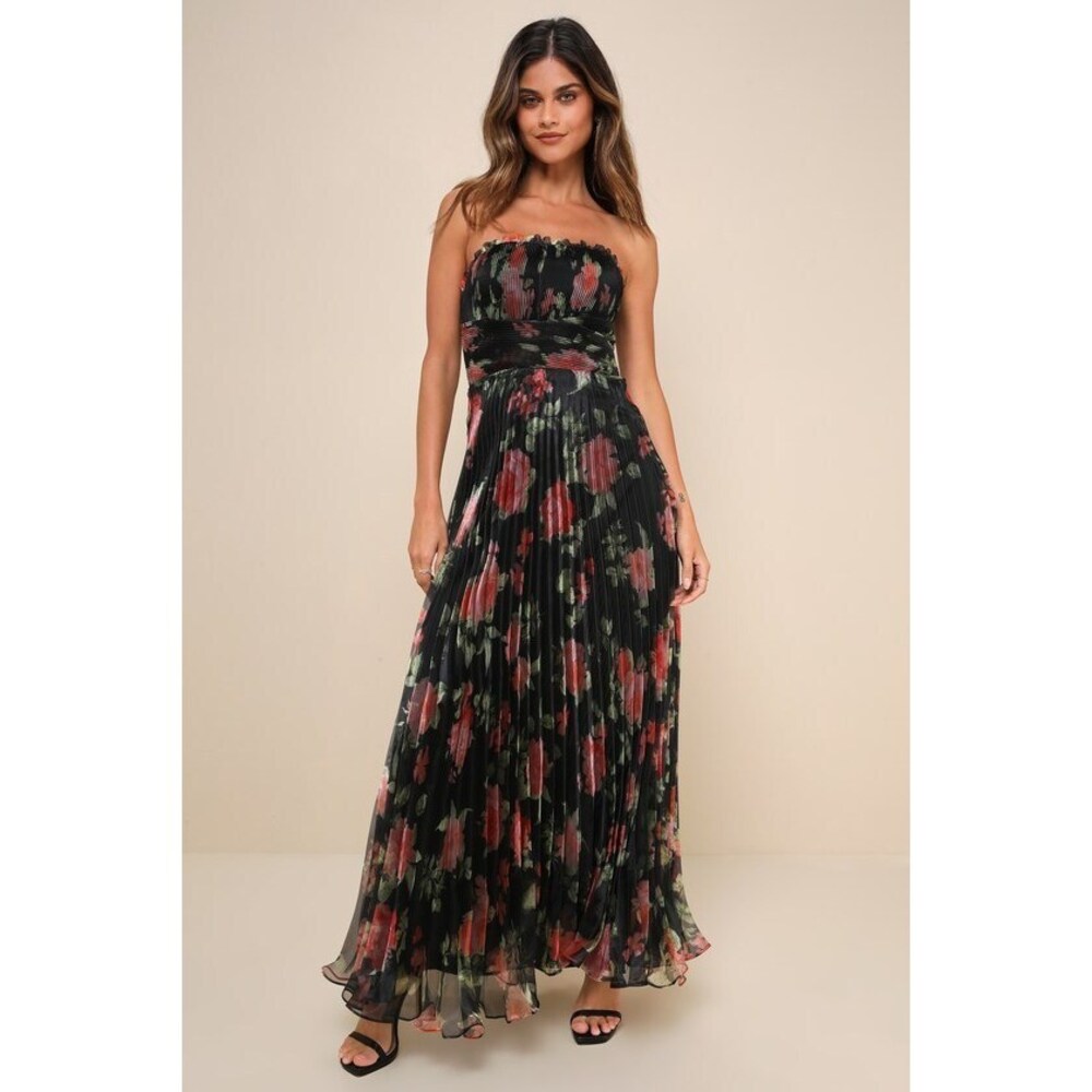 Lulus Mesmerizing Forever Black Floral Pleated Organza Maxi Dress - Size XS